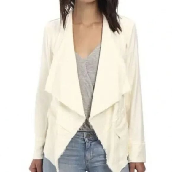 Free People Femme Ivory Linen Blend Waterfall Jacket Size M Buckle‎ Side Raw Hem - Picture 1 of 2